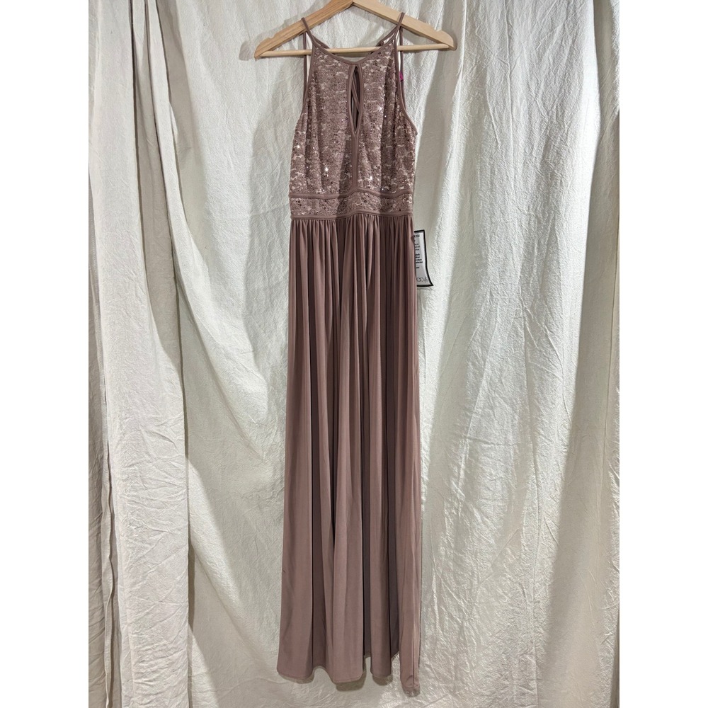 Morgan & Co Taupe Ivory Sequin Lace Halter Maxi Gown Dress NWT Prom Size 5/6